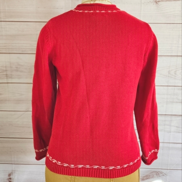Vintage Embroidered Knit Snowmen and Flag Mock Neck Sweater in Red & White Sz Sm - Picture 3 of 11